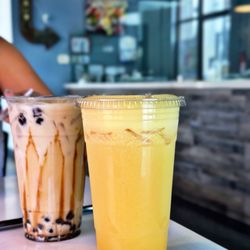 O Poke & Greens - Brown Sugar Milk tea w boba Pineapple Orange juice