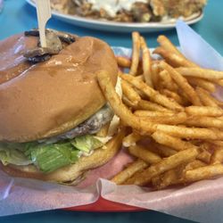 Doxie's Dine In - Mushroom burger for breakfast for her