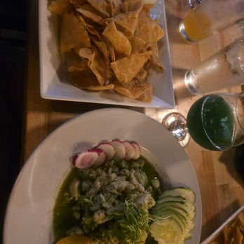 Underground Public House - Ceviche and a blue spiralina sour - American Near Me - Carbondale, Illinois Underground Public House - Ceviche and a blue spiralina sour - American Near Me - Carbondale, Illinois