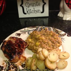 Black Granite Kitchen - Grilled balsamic glazed Salmon,fresh summer squash and grilled rosemary potatoes