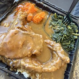 Smothered Pork Chops , greens and yams Smothered Pork Chops , greens and yams
