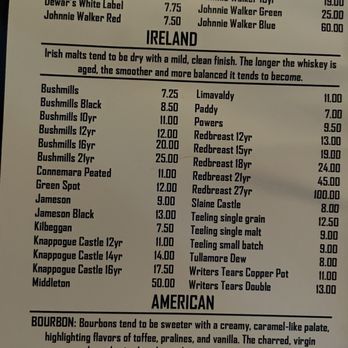 Two Fools Tavern - A picture of part of their whiskey list - Irish Near Me - Albuquerque, New Mexico