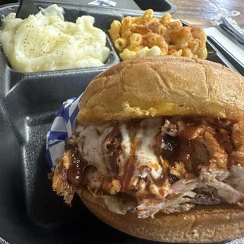 Ribs Against the Machine - Pork bbq rib sandwich (medium), mashed potatoes & Mac & cheese! - Barbeque Near Me - Burbank, California Ribs Against the Machine - Pork bbq rib sandwich (medium), mashed potatoes & Mac & cheese! - Barbeque Near Me - Burbank, California