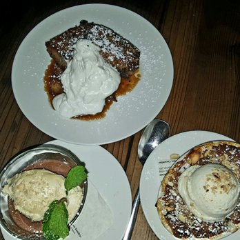 Fable - Sourdough bread pudding,  pear ginger cobbler, and chocolate mousse with sea salt caramel whipped cream - New American Near Me - San Francisco, California