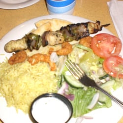 Daphne's - Kabob place with chicken and shrimp, rice pilaf, greek salad, and pita bread