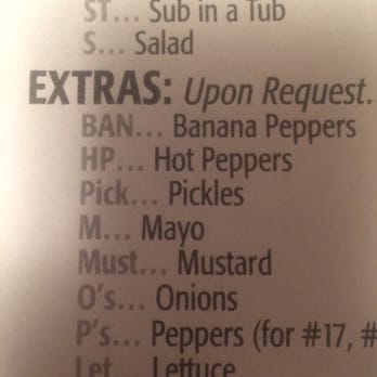 Jersey Mike's Subs - Some of extras that they offer...notice how Jalapeños are referred to as "hot peppers" or "HP"... - Fast Food Near Me - Fife, Washington Jersey Mike's Subs - Some of extras that they offer...notice how Jalapeños are referred to as "hot peppers" or "HP"... - Fast Food Near Me - Fife, Washington