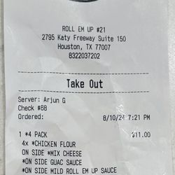 Roll Em Up Taquitos - Receipt for a 4 pack of chicken flour taquitos and a 5 pack of beef taquitos.