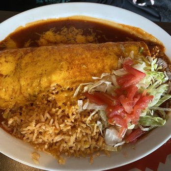 Los Dos Potrillos - Beef & Bean Burrito smothered in Rojo Sauce with rice. - Mexican Near Me - Centennial, Colorado