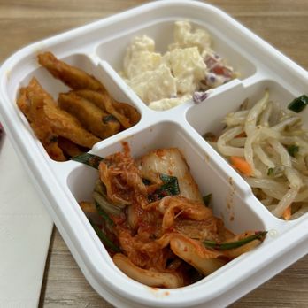 Beulah Kitchen - Banchan served in plastic trays.  (miss the little dishes!). Was tasty.  Loved the clever take on macaroni salad. - Korean Near Me - Glendale, California