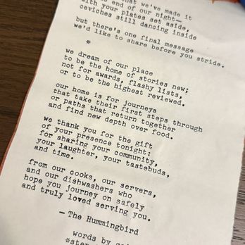 The Hummingbird - Thank you letter one the meal concluded - Peruvian Near Me - Los Angeles, California The Hummingbird - Thank you letter one the meal concluded - Peruvian Near Me - Los Angeles, California