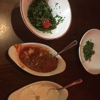 Cafe Izmir - Appetizers: tabouli, eegra (warmed), and the best hummus ever. - Middle Eastern Near Me - Dallas, Texas