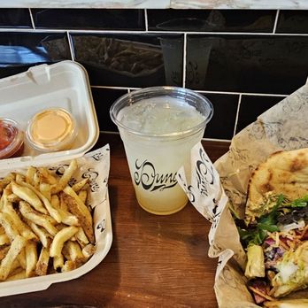 Dune Downtown - Rosemary lemonade. Organic Green Herb Falafel Sandwich and French fries. - Falafel Near Me - Los Angeles, California