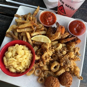 Marker 7 Coastal Grill - Platter- Blackened Shrimp, Calimari, Fries and Mac and cheese dip - Seafood Near Me - Athens, Georgia Marker 7 Coastal Grill - Platter- Blackened Shrimp, Calimari, Fries and Mac and cheese dip - Seafood Near Me - Athens, Georgia
