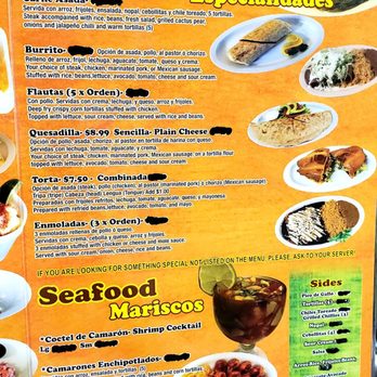 Mango Loco - Menu - Menu showcases Mexican dishes including carne asada served with rice, beans, and tortillas, burritos with chicken or chorizo, quesadillas with cheese, and seafood options like camarones enchipolados and coctel de camarón. The menu includes prices, descriptions, and side options, with a colorful design and images of some dishes. - Mexican Near Me - Lafayette, Indiana