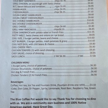 Blue Coffee Pot Restaurant - Back of dinner and lunch menu - Diners Near Me - Kayenta, Arizona