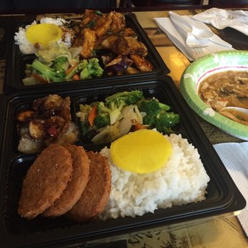 Cafe 88 - Vegetarian "chicken" bento box and crispy tofu bento box. Comes with rice and two veggie sides of the day - Chinese Near Me - Charlottesville, Virginia