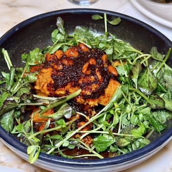 Quetzal - coal roasted sweet potato - salsa de cacahuate, red watercress, mint - Mexican Near Me - Toronto, Ontario