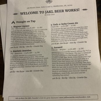 JAKL Beer Works - Beer menu on 6/26/2021 page 1 - Breweries Near Me - Middletown, Delaware JAKL Beer Works - Beer menu on 6/26/2021 page 1 - Breweries Near Me - Middletown, Delaware