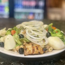 Colonia BBQ - Grilled Cod served with Boiled Potatoes, Steamed Veggies and Chick Pea Salad