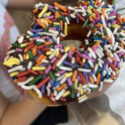 Chocolate covered donut with sprinkles