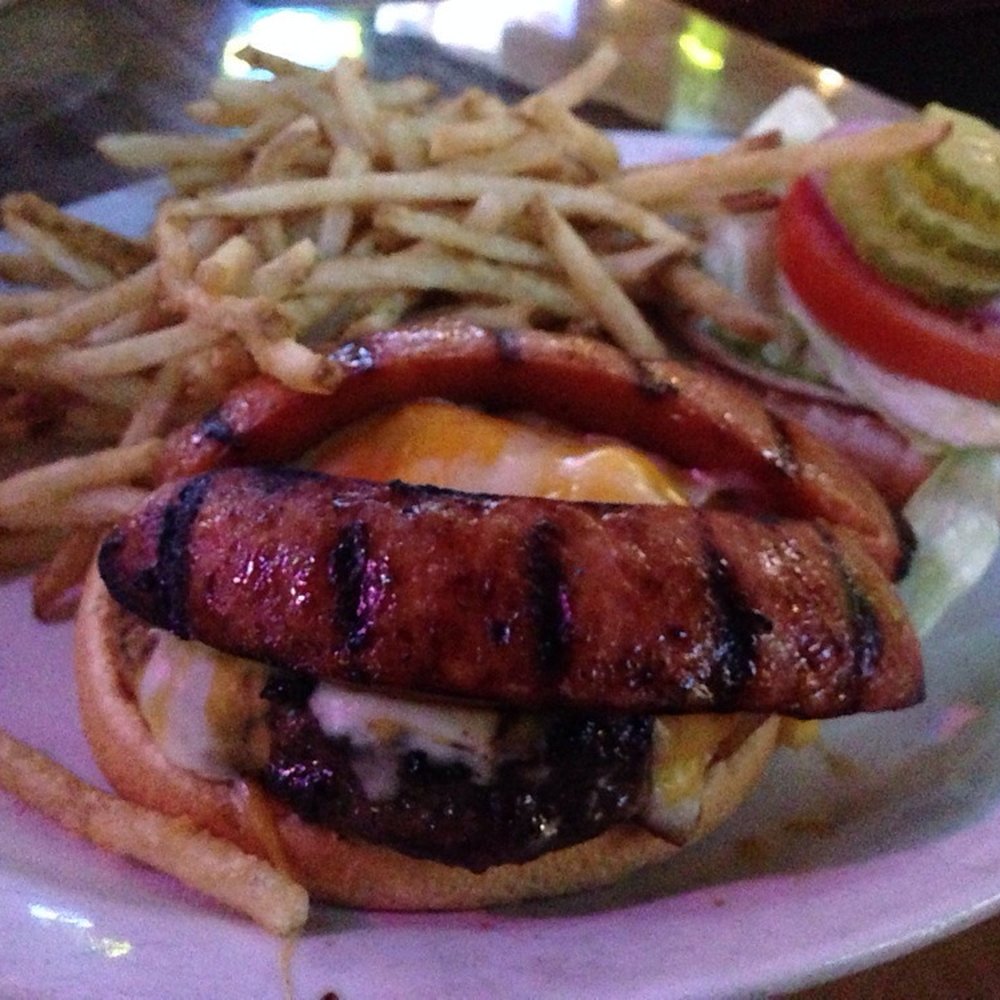 OB's Pub & Grill - Louisiana Swell Burger: Louisiana Hot Sausage & Cheese w/side of fries - Sports Bars Near Me - Manhattan Beach, California OB's Pub & Grill - Louisiana Swell Burger: Louisiana Hot Sausage & Cheese w/side of fries - Sports Bars Near Me - Manhattan Beach, California