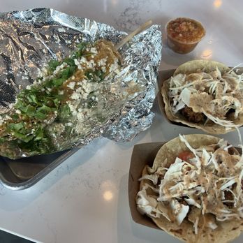 A Taco Affair - Mexican street corn, shrimp taco, crab taco, side of pineapple salsa - Tacos Near Me - Savannah, Georgia