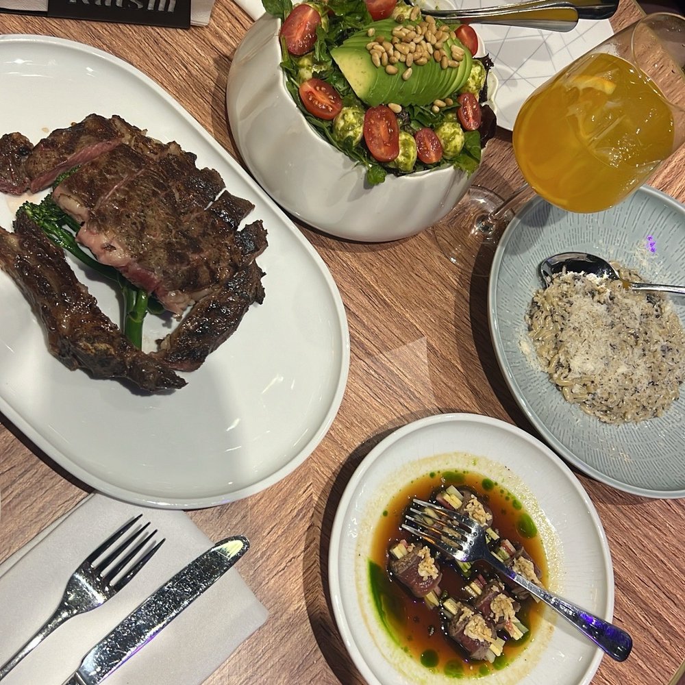 Katsin - Rib eye steak, mozzarella avocado salad, beef appetizer, truffle orzo - Seafood Near Me - Glendale, California Katsin - Rib eye steak, mozzarella avocado salad, beef appetizer, truffle orzo - Seafood Near Me - Glendale, California