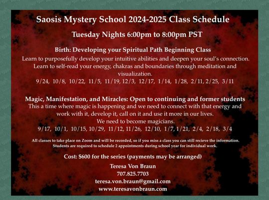 Our programs - Saosis Mystery School
My work with students over the past two years has taken on a new format, one that is aligned with the great mystery schools. After much study and contemplation, I have settled on the goddess Saosis as its symbolic focus and channeled guide because she was one of the most ancient goddesses we know of, arising in Egypt to pre-date the pantheon of Egyptian and Greco-Roman deities and to be associated with the elemental Tree of Life.
Saosis is the Greek spelling of the primal goddess of ancient Egyptian religion. Her acacia tree is one of the earliest known examples of the Tree of Life—an eternal symbol that later spread through every culture to represent the origin and nurturance of human life, grounded in the earth and reaching for the heavens. The Egyptian deities were born under this Tree of Life.
The fundamental focus of the Saosis Mystery School is Truth and Know Thy Self. The Saosis Mystery School will be organized more directly on the time-honored practices of experiential and spiritual self-awareness as directed and channeled by my own spirit guide Adam, along with Thoth (Greek Hermes)—god of knowledge, wisdom, music, writing and sacred geometry, and influenced by Saosis, the primal goddess. In the mystery school tradition, these sacred entities will guide my structure and teaching to help you integrate your experiences and your learning in this lifetime with your ongoing process of becoming a soul-infused personality and a source of joy for the world.
The next cycle of classes starts in September and all three levels are offered. Please contact me with any questions and to register and discuss the appropriate level for you. Our programs - Saosis Mystery School
My work with students over the past two years has taken on a new format, one that is aligned with the great mystery schools. After much study and contemplation, I have settled on the goddess Saosis as its symbolic focus and channeled guide because she was one of the most ancient goddesses we know of, arising in Egypt to pre-date the pantheon of Egyptian and Greco-Roman deities and to be associated with the elemental Tree of Life.
Saosis is the Greek spelling of the primal goddess of ancient Egyptian religion. Her acacia tree is one of the earliest known examples of the Tree of Life—an eternal symbol that later spread through every culture to represent the origin and nurturance of human life, grounded in the earth and reaching for the heavens. The Egyptian deities were born under this Tree of Life.
The fundamental focus of the Saosis Mystery School is Truth and Know Thy Self. The Saosis Mystery School will be organized more directly on the time-honored practices of experiential and spiritual self-awareness as directed and channeled by my own spirit guide Adam, along with Thoth (Greek Hermes)—god of knowledge, wisdom, music, writing and sacred geometry, and influenced by Saosis, the primal goddess. In the mystery school tradition, these sacred entities will guide my structure and teaching to help you integrate your experiences and your learning in this lifetime with your ongoing process of becoming a soul-infused personality and a source of joy for the world.
The next cycle of classes starts in September and all three levels are offered. Please contact me with any questions and to register and discuss the appropriate level for you.