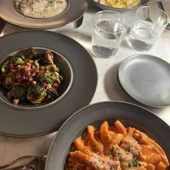 Salt & Vine - Brussels & Panchetta, Mushroom Risotto, Rigatoni a la Vodka and Jumbo lump crab pasta - Wine Bars Near Me - Olney, Maryland
