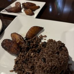 Plantains, black beans and rice.