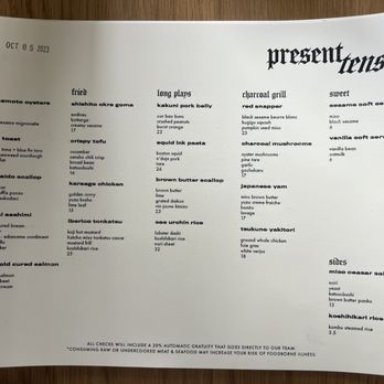 Present Tense - Menu Such unique flavor combinations. I love trying new things. - Izakaya Near Me - Nashville, Tennessee Present Tense - Menu Such unique flavor combinations. I love trying new things. - Izakaya Near Me - Nashville, Tennessee