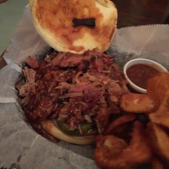 Pint and Barrel Drafthouse - Opened Pulled Pork Sandwich- enough meat to feed me 3 times.  So delicious. - Gastropubs Near Me - Palestine, Texas