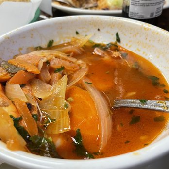 Mariscos Jimenez - Caldo de Camaron with too much oil and veggies and five shrimp. - Mexican Near Me - Fontana, California