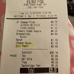 Big Boyz Pizza Brookville - The receipt to show this visit was recent.