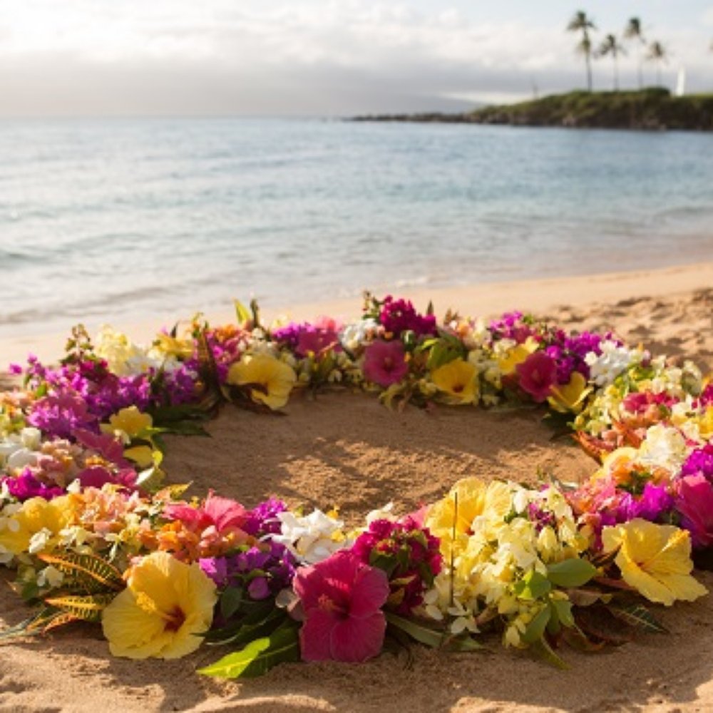Love Maui Weddings - Flower circle for our beach ceremony on Kapalua Bay Beach - Wedding Planning Near Me Love Maui Weddings - Flower circle for our beach ceremony on Kapalua Bay Beach - Wedding Planning Near Me