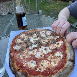 Hearth and Soul Oven - Customized 1/2 meatball, half cheese. With hot honey drizzle on top!!!! Yum.