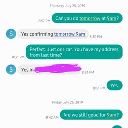 Texting Sammy at 8:42am to confirm our 9am appointment.. Sammy responded 3 hours later saying he has availability at 12 noon.