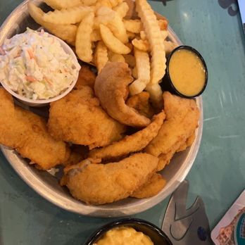 Bubba's Fish Camp & Smokehouse - Fried grouper fingers.  Mac and cheese.  Fries and slaw - Seafood Near Me - Myrtle Beach, South Carolina