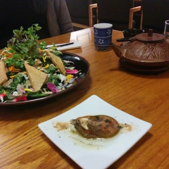 Nakamori - Asian tofu salad, pot of authentic Japanese tea and tomato salad appetizer that comes with the entrees - Japanese Near Me - Toronto, Ontario
