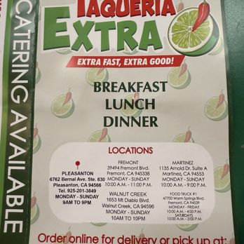 Taqueria Extra - Menu front page and 3 more locations - Mexican Near Me - Pleasanton, California