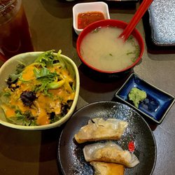 Asheville Sushi & Hibachi - Salad, miso soup, spring rolls & gyoza pork pan fried dumplings