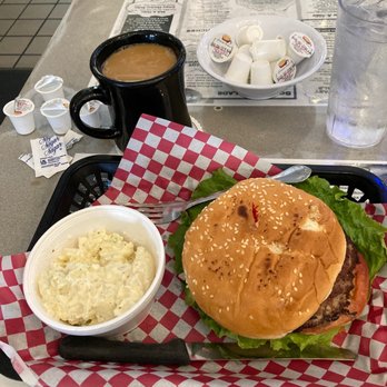 Jack's Restaurant & Bakery - Having the Mammoth cheeseburger with potato salad potato salad is excellent burger is good decaf coffee is excellent. - American Near Me - Bishop, California Jack's Restaurant & Bakery - Having the Mammoth cheeseburger with potato salad potato salad is excellent burger is good decaf coffee is excellent. - American Near Me - Bishop, California