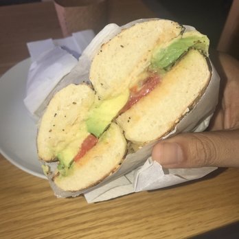 Milk & Pull - "Botanic" hummus, avocado and roasted peppers on an everything bagel - Coffee & Tea Near Me - Brooklyn, New York