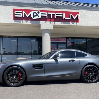 SmartFilm - This full satin wrapped AMG GT S got gussied up with new XPel XR Plus window tint including the sunroof and windshield #smartfilm - Car Window Tinting Near Me - Tempe, Arizona
