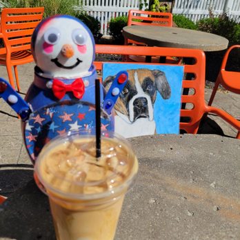 Orange Cat Coffee Co - Penguin with an iced latte with a potrait of Brees painted on Canvas by local artist Katherine Pignatora . - Coffee & Tea Near Me - Lewiston, New York