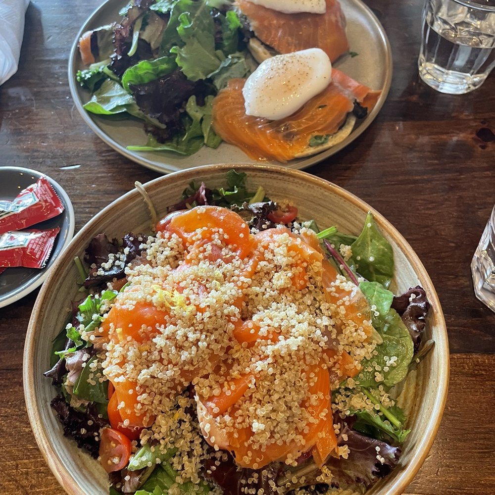 Alchemy Coffee - Salmon eggs Benedict minus the hollandise sauce and salmon quinoa salad - Coffee & Tea Near Me - Markham, Ontario Alchemy Coffee - Salmon eggs Benedict minus the hollandise sauce and salmon quinoa salad - Coffee & Tea Near Me - Markham, Ontario