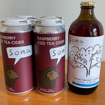 Soma Craft Cidery - Raspberry iced tea cider ($25.00 for 4) and honeyberry cider ($10.50) - Cideries Near Me - Kelowna, British Columbia Soma Craft Cidery - Raspberry iced tea cider ($25.00 for 4) and honeyberry cider ($10.50) - Cideries Near Me - Kelowna, British Columbia