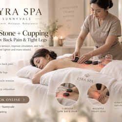 Lyra Spa Sunnyvale - Lower Back & Tight Legs?
Hot Stone + Cupping to relax tight muscles and help you feel lighter.
Lyra Spa · Sunnyvale