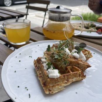 Lele Cake - Waffles with Gruyere Waffles with Goat Cheese Mousse and Onion Marmalade - Coffee & Tea Near Me - Los Gatos, California Lele Cake - Waffles with Gruyere Waffles with Goat Cheese Mousse and Onion Marmalade - Coffee & Tea Near Me - Los Gatos, California