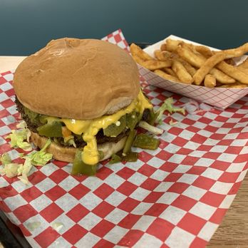 Texas Flaming Grill - HATCH GREEN CHILLE BIG BURGER and some fries. Let's eat! - Burgers Near Me - Abilene, Texas Texas Flaming Grill - HATCH GREEN CHILLE BIG BURGER and some fries. Let's eat! - Burgers Near Me - Abilene, Texas